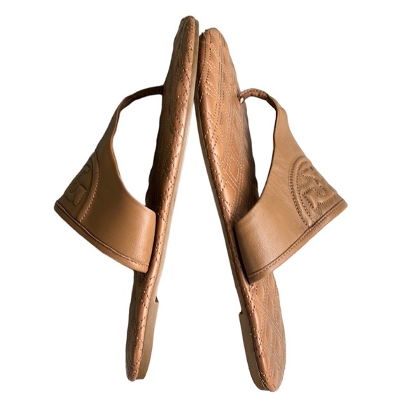 Tory Burch Fleming Quilted Tan Leather Thong Padded Slides Sandals - 8 - Picture 8 of 13